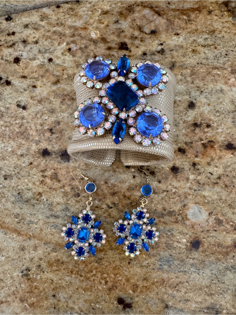 Blue Crystal Statement Bracelet and Dangle Earrings Set
